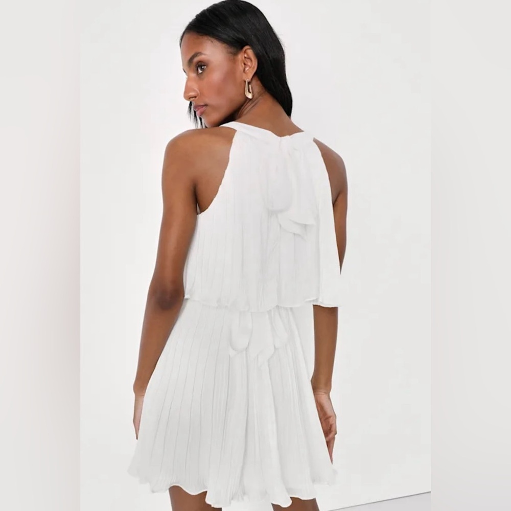 LULUS Celebrate Chic White Ruffled Plisse Halter Mini Dress Bridal - Picture 2 of 14